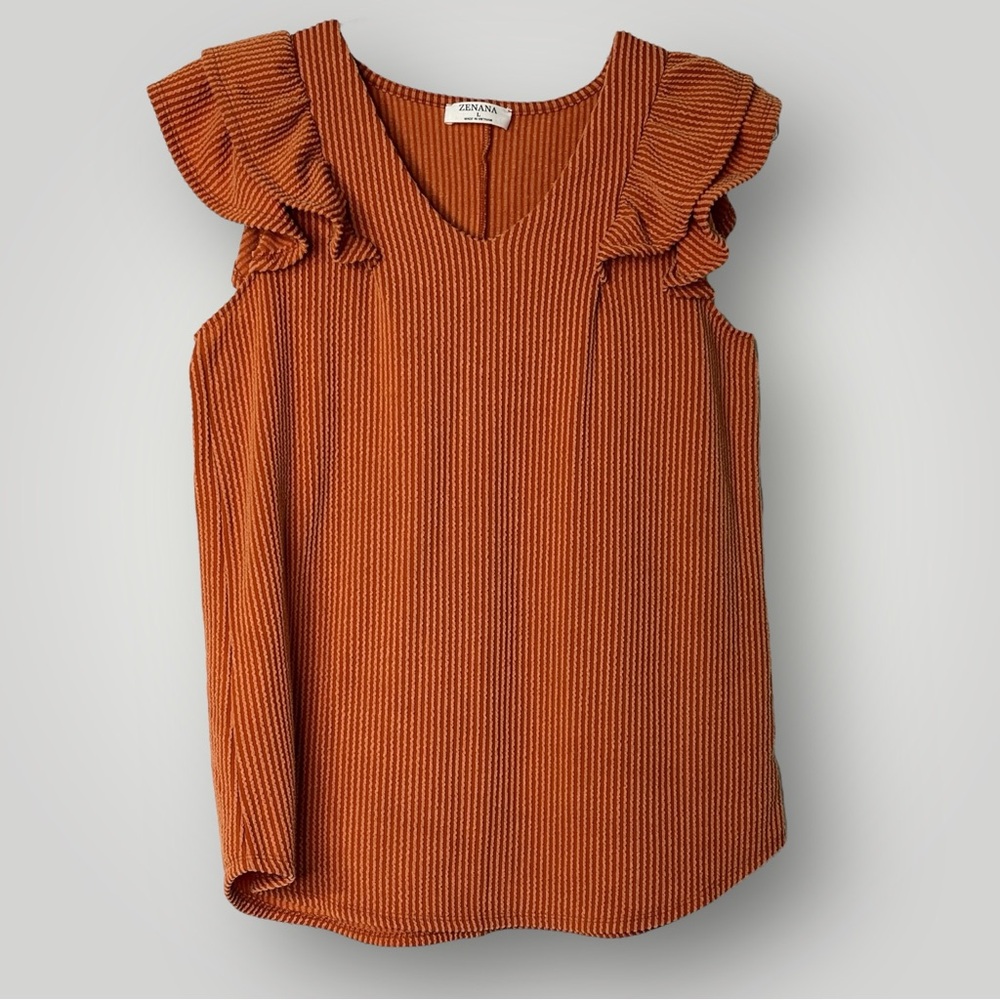 Zenana Textured Sleeveless Burnt Orange Top‎ Ruffle Pullover V-Neck Womens L